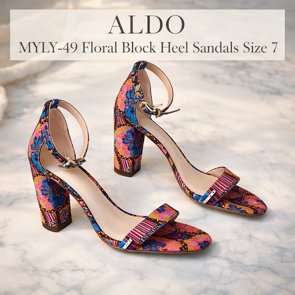Aldo Myly-49 Multicolor Floral Block Heel Sandals Size 7